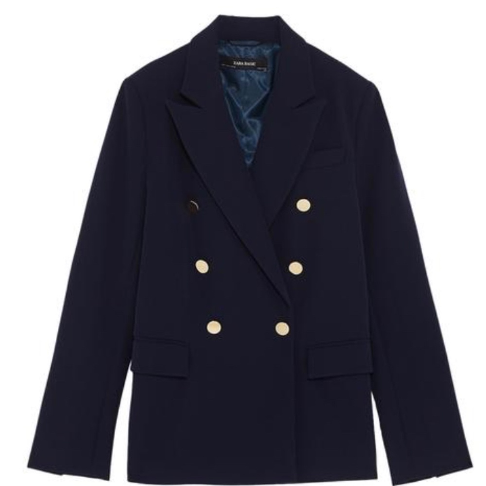 Zara Navy Double-Breasted Blazer with Gold Buttons